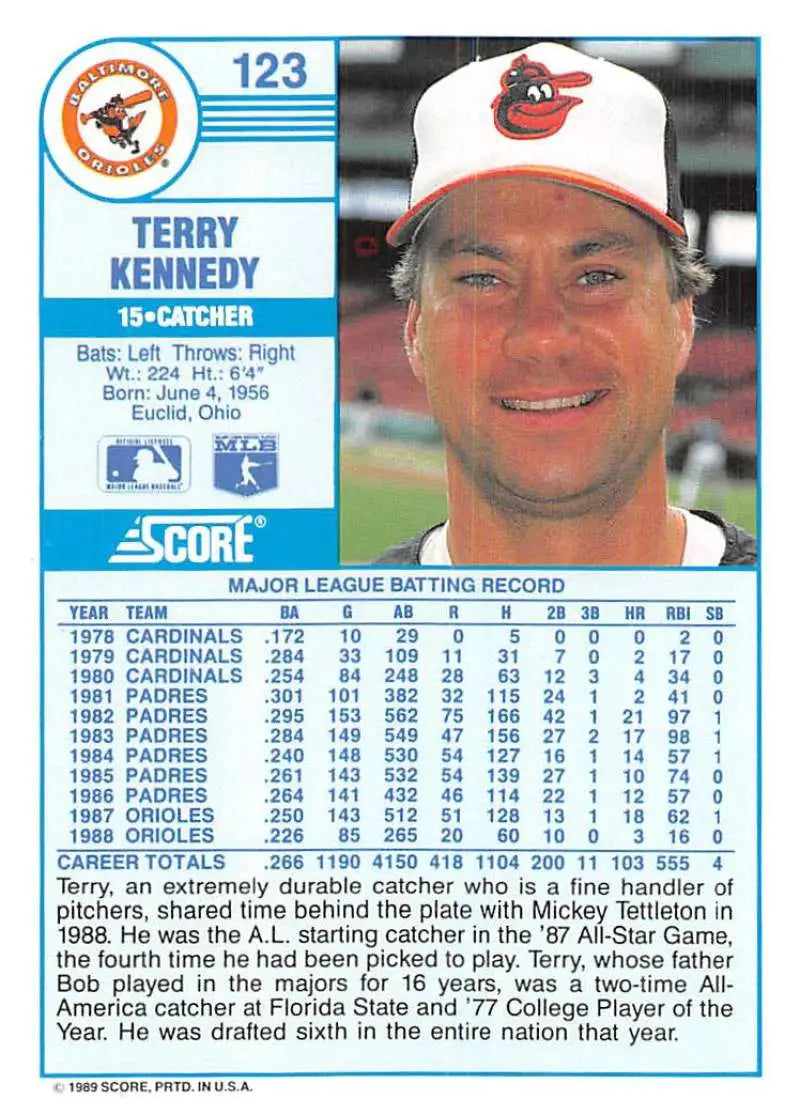 1989 Score #123 Terry Kennedy NM-MT Baltimore Orioles Baseball Card - Baseball Card Single