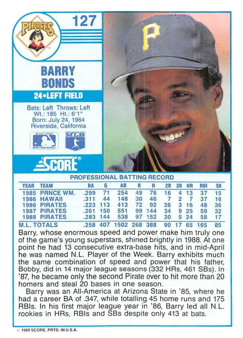 1989 Score #127 Barry Bonds NM-MT Pittsburgh Pirates Baseball Card - Baseball Card Single
