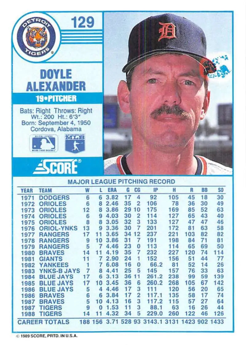 1989 Score #129 Doyle Alexander NM-MT Detroit Tigers Baseball Card - Baseball Card Single