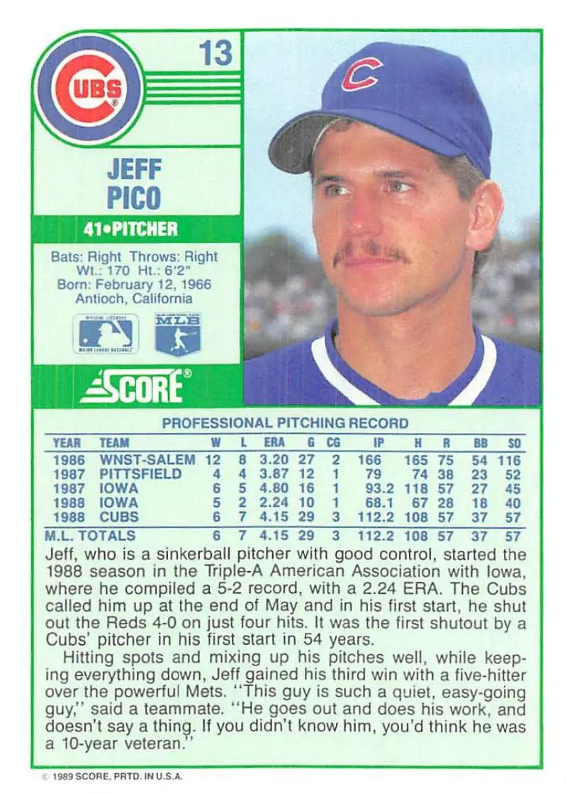 1989 Score #13 Jeff Pico NM-MT Chicago Cubs Baseball Card - Baseball Card Single
