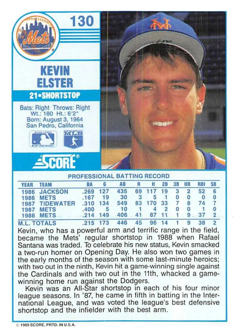 1989 Score #130 Kevin Elster NM-MT New York Mets Baseball Card - Baseball Card Single