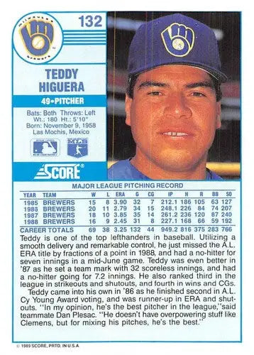 1989 Score #132 Teddy Higuera NM-MT Brewers ID:80309 - Baseball Card Single