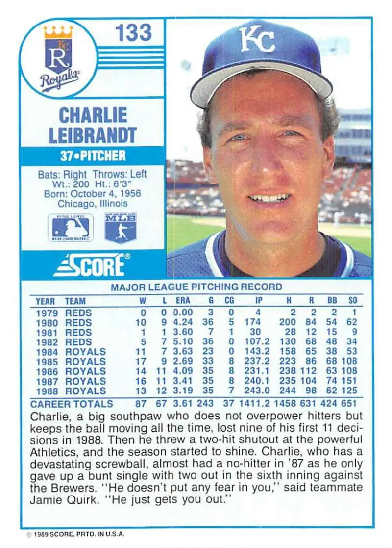1989 Score #133 Charlie Leibrandt NM-MT Kansas City Royals Baseball Card - Baseball Card Single