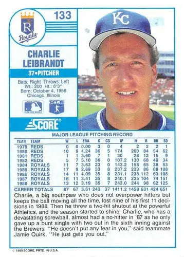 1989 Score #133 Charlie Leibrandt NM-MT Royals ID:80310 - Baseball Card Single