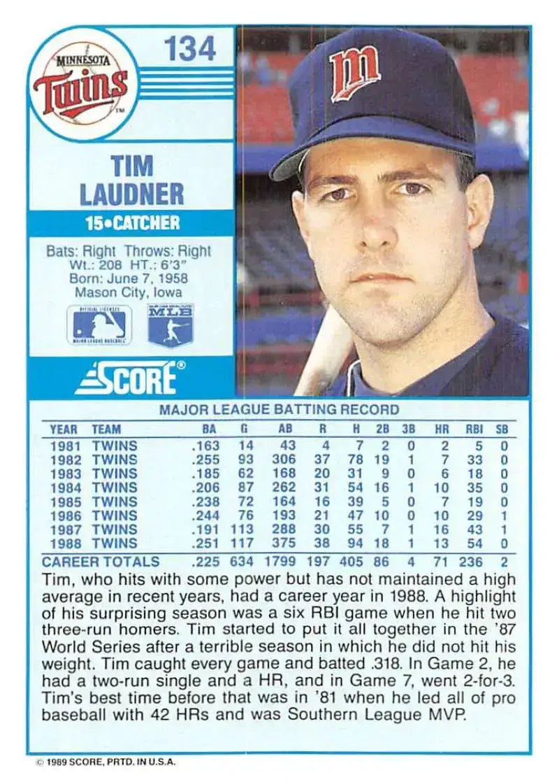 1989 Score #134 Tim Laudner NM-MT Twins ID:80519 - Baseball Card Single