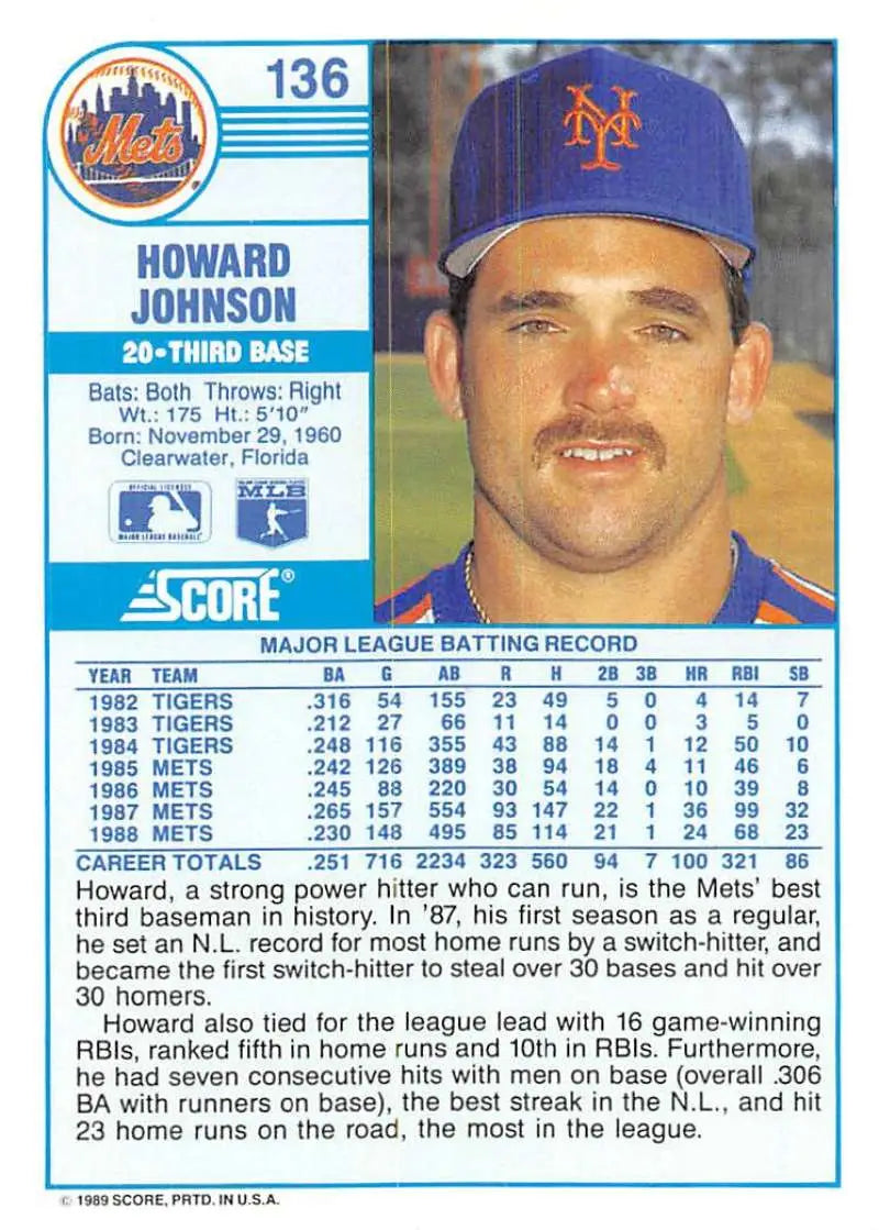 1989 Score #136 Howard Johnson NM-MT New York Mets Baseball Card - Baseball Card Single