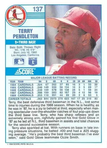 1989 Score #137 Terry Pendleton NM-MT Cardinals ID:80520 - Baseball Card Single