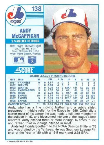 1989 Score #138 Andy McGaffigan NM-MT Expos ID:80313 - Baseball Card Single