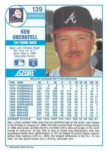 1989 Score #139 Ken Oberkfell NM-MT Braves ID:80314 - Baseball Card Single
