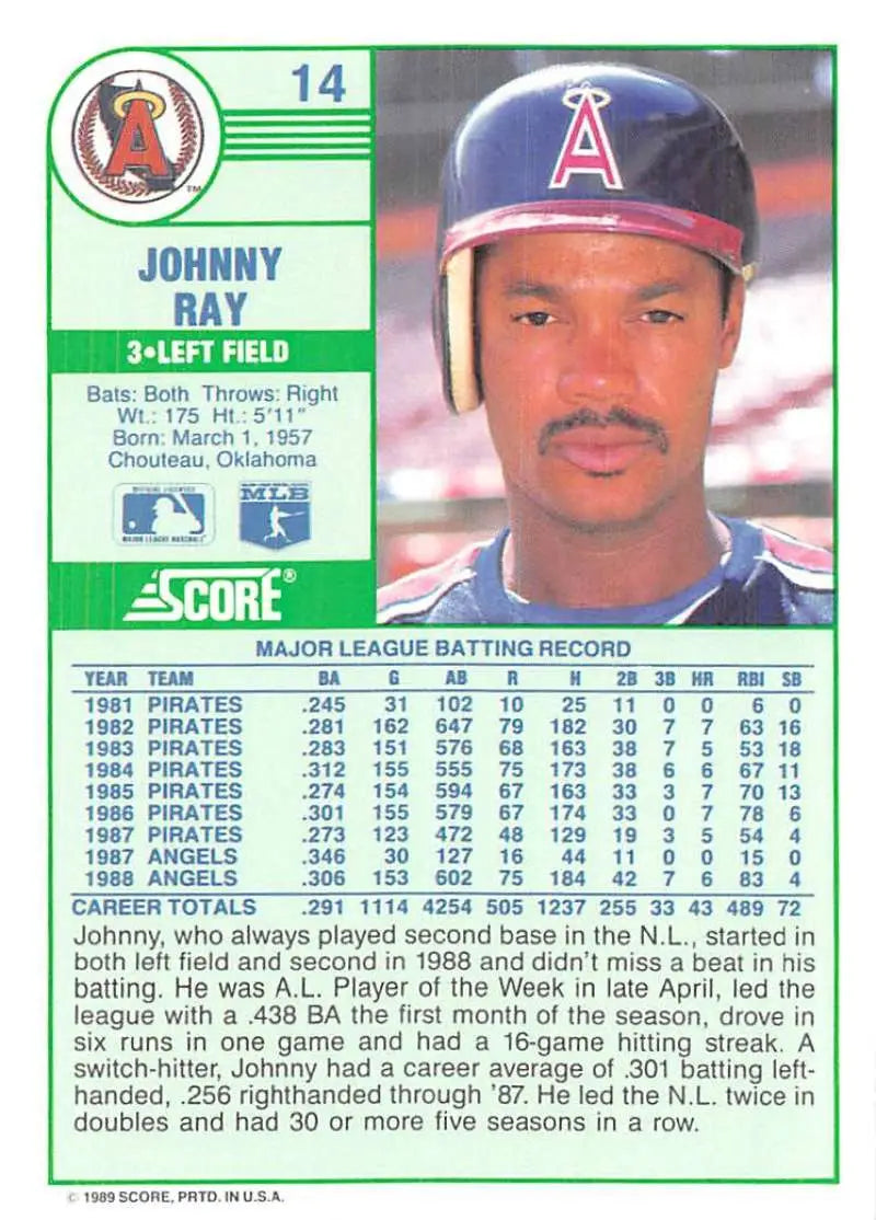 1989 Score #14 Johnny Ray NM-MT California Angels Baseball Card - Baseball Card Single