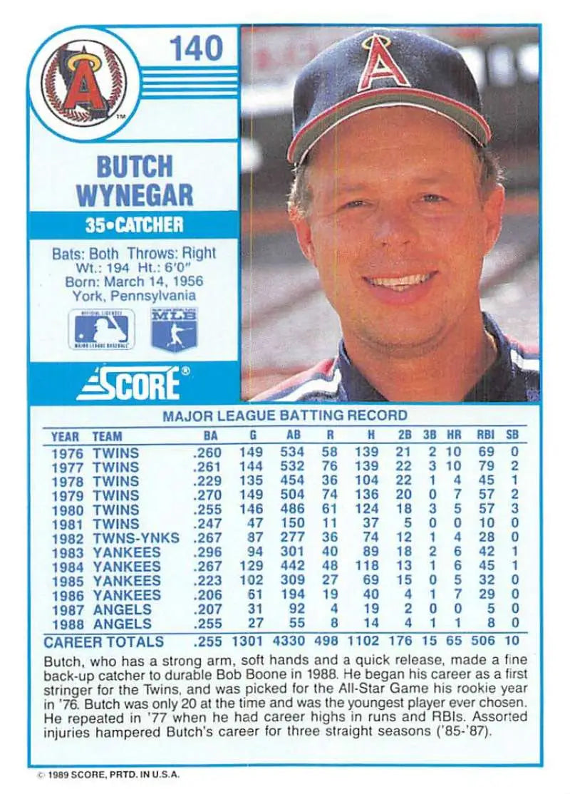 1989 Score #140 Butch Wynegar NM-MT California Angels Baseball Card - Baseball Card Single