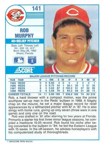 1989 Score #141 Rob Murphy NM-MT Reds ID:80316 - Baseball Card Single