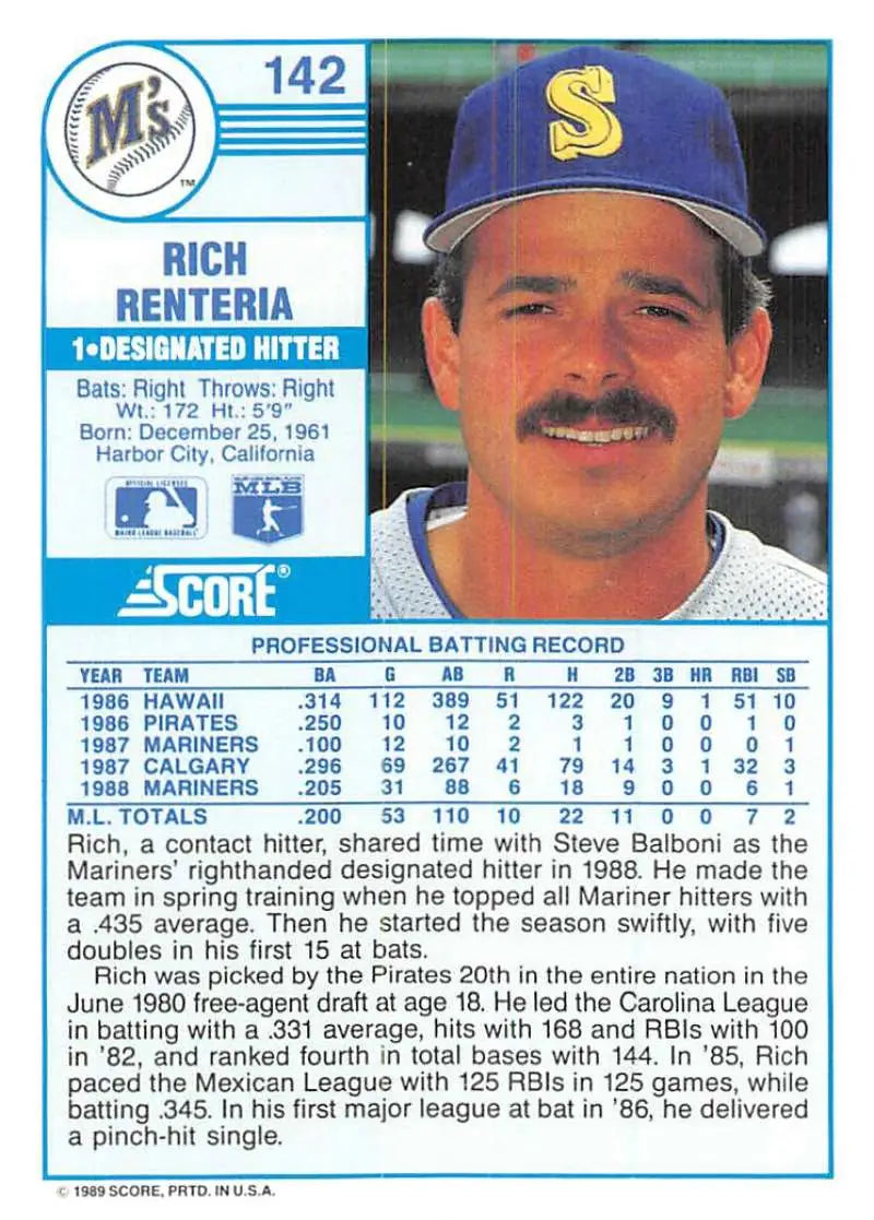 1989 Score #142 Rich Renteria NM-MT Seattle Mariners Baseball Card - Baseball Card Single