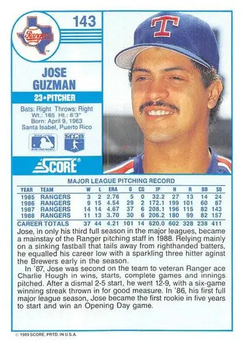 1989 Score #143 Jose Guzman NM-MT Rangers ID:80521 - Baseball Card Single