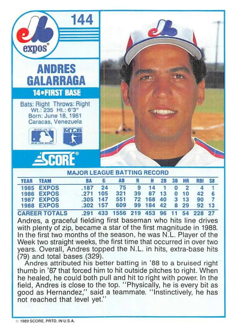 1989 Score #144 Andres Galarraga NM-MT Montreal Expos Baseball Card - Baseball Card Single
