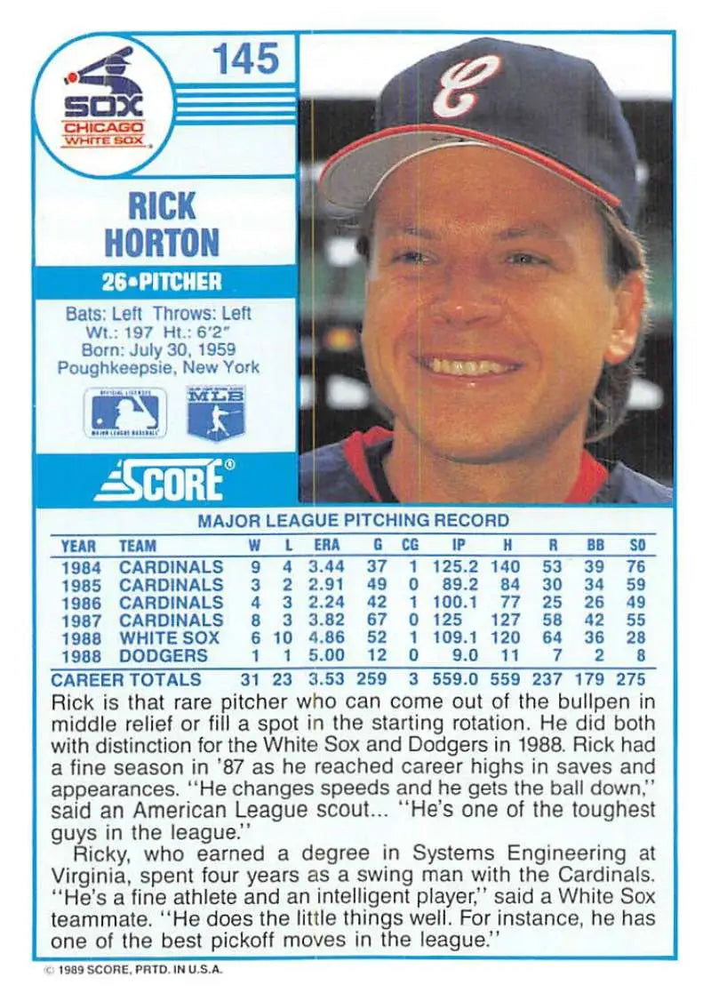 1989 Score #145 Ricky Horton NM-MT Chicago White Sox Baseball Card - Baseball Card Single