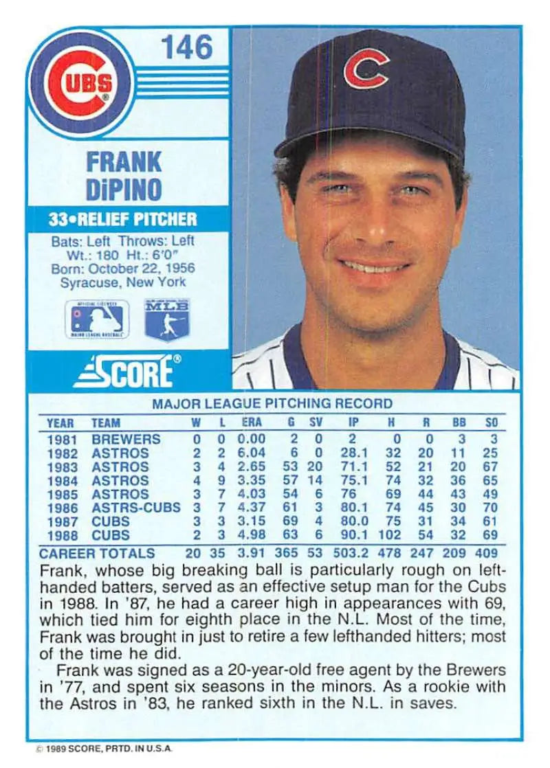 1989 Score #146 Frank DiPino NM-MT Chicago Cubs Baseball Card - Baseball Card Single