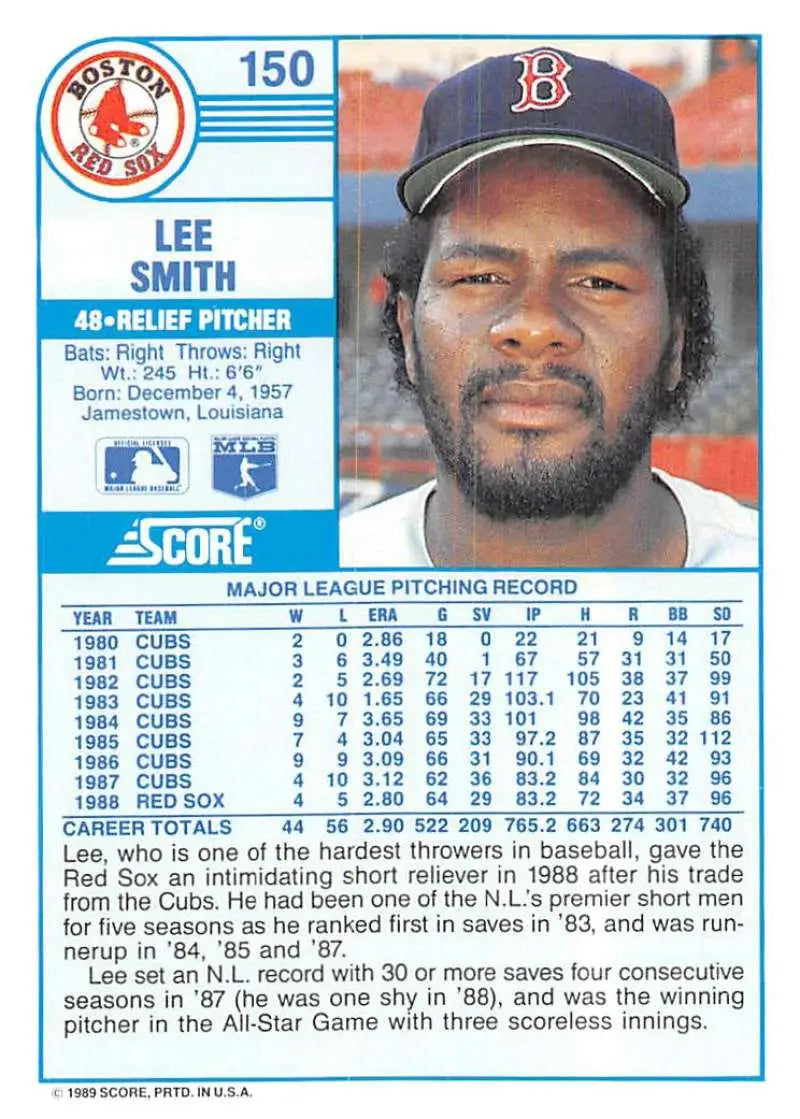 1989 Score #150 Lee Smith NM-MT Boston Red Sox Baseball Card - Baseball Card Single