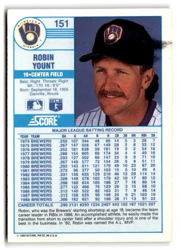 1989 Score #151 Robin Yount EX/NM Brewers ID:66767 - Baseball Card Single