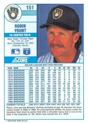 1989 Score #151 Robin Yount NM-MT Brewers ID:80523 - Baseball Card Single