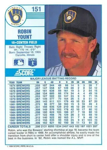 1989 Score #151 Robin Yount NM-MT Brewers ID:80523 - Baseball Card Single