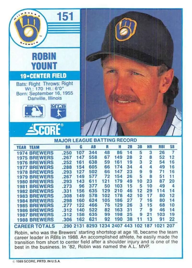1989 Score #151 Robin Yount NM-MT Milwaukee Brewers Baseball Card - Baseball Card Single