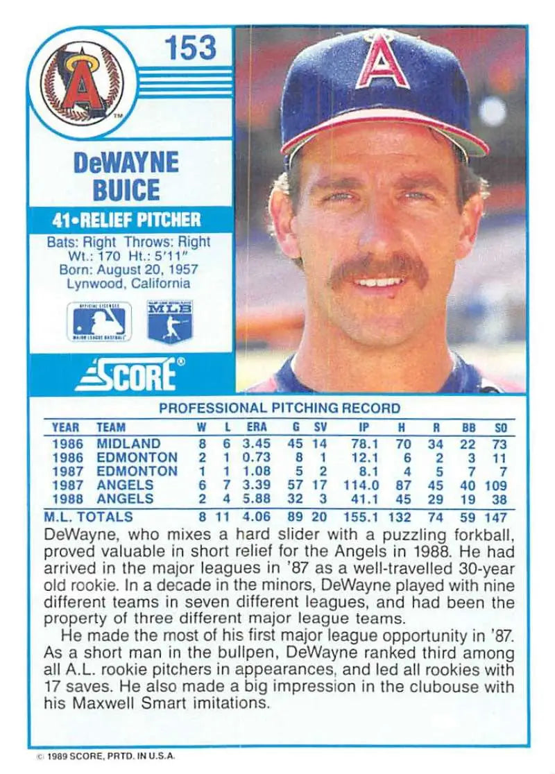 1989 Score #153 De Wayne Buice NM-MT California Angels Baseball Card