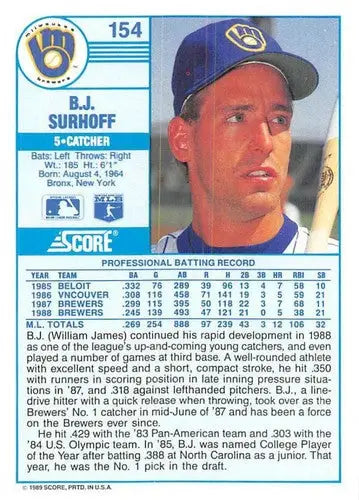 1989 Score #154 B.J. Surhoff NM-MT Brewers - Baseball Card Single