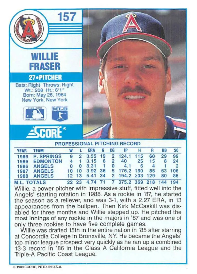 1989 Score #157 Willie Fraser NM-MT California Angels Baseball Card - Baseball Card Single