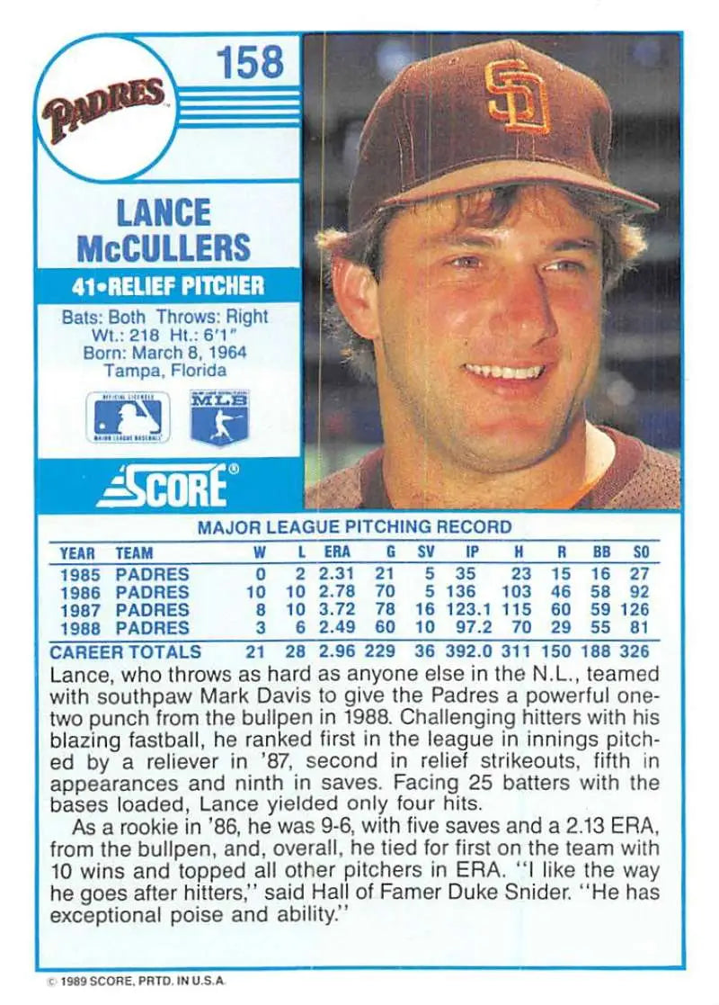 1989 Score #158 Lance McCullers NM-MT San Diego Padres Baseball Card - Baseball Card Single