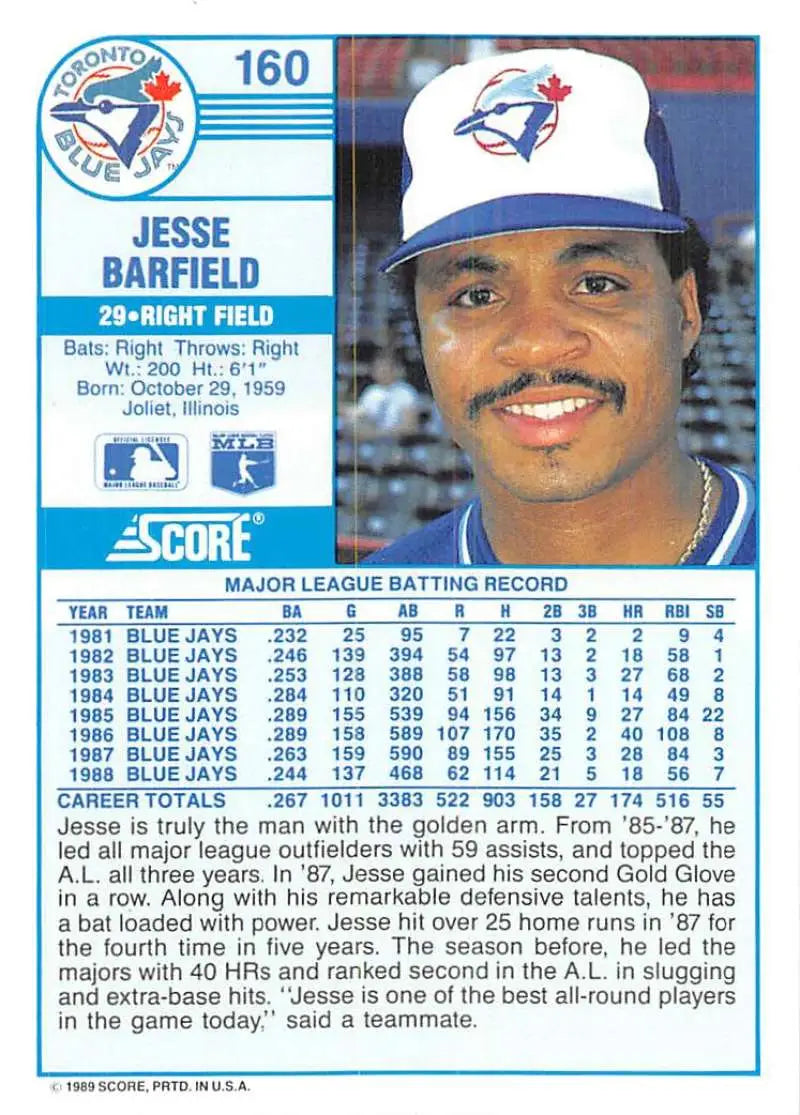 1989 Score #160 Jesse Barfield NM-MT Toronto Blue Jays Baseball Card - Baseball Card Single