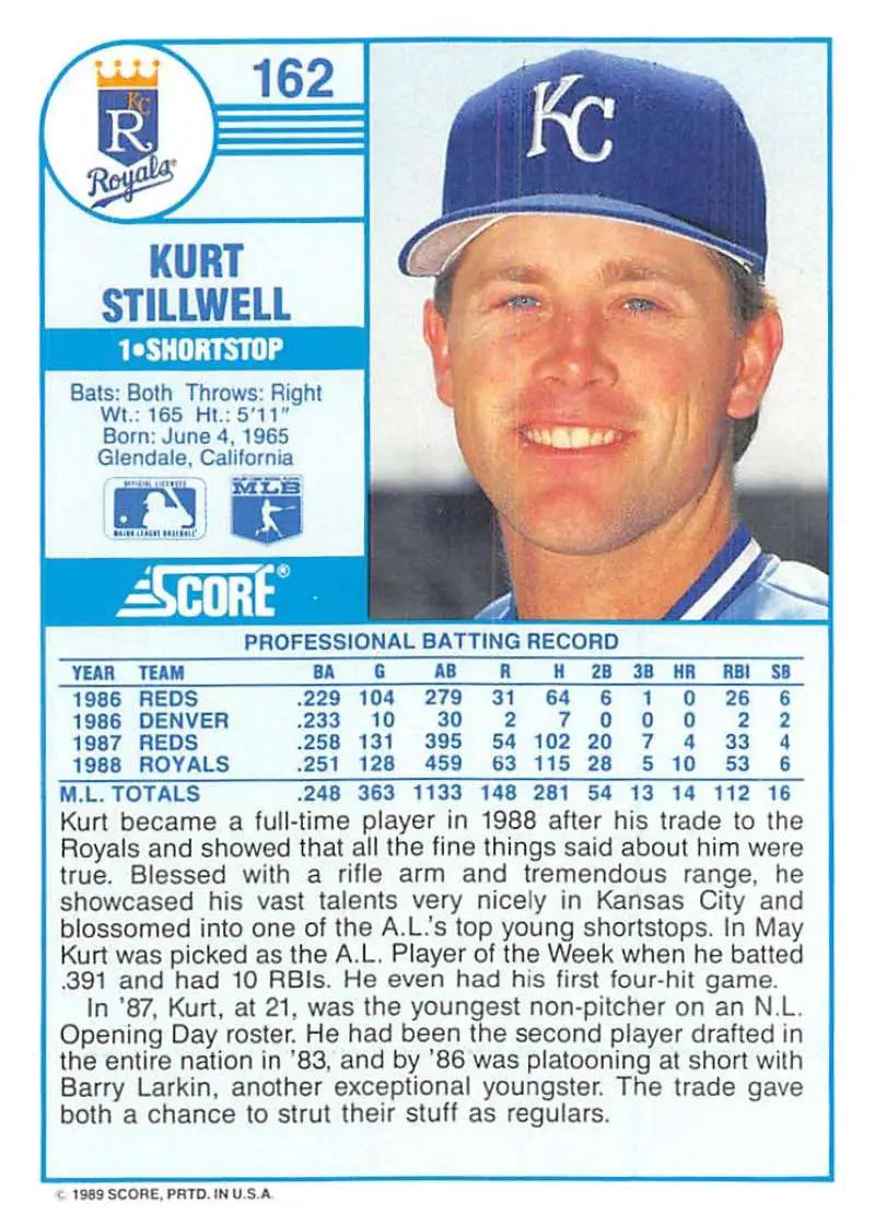 1989 Score #162 Kurt Stillwell NM-MT Royals ID:80332 - Baseball Card Single
