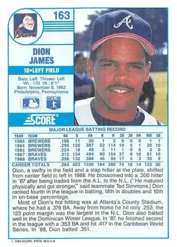 1989 Score #163 Dion James NM-MT Braves ID:80525 - Baseball Card Single