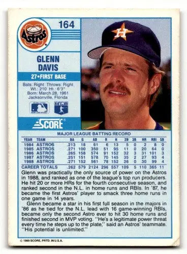 1989 Score Glenn Davis Houston Astros baseball card in excellent condition