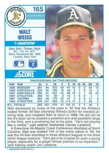 1989 Score #165 Walt Weiss NM-MT Athletics ID:80334 - Baseball Card Single