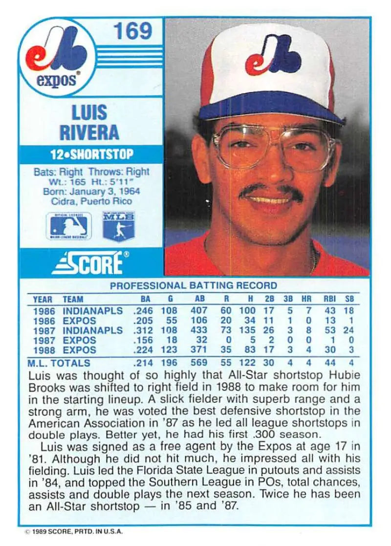 1989 Score #169 Luis Rivera NM-MT Montreal Expos Baseball Card - Baseball Card Single