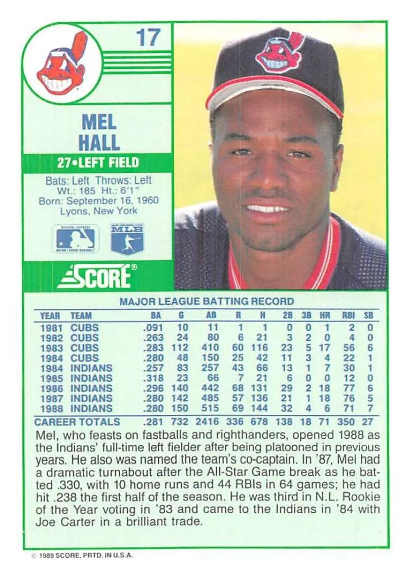 1989 Score #17 Mel Hall NM-MT Cleveland Indians Baseball Card - Baseball Card Single