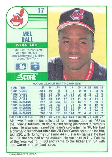 1989 Score #17 Mel Hall NM-MT Indians ID:80208 - Baseball Card Single