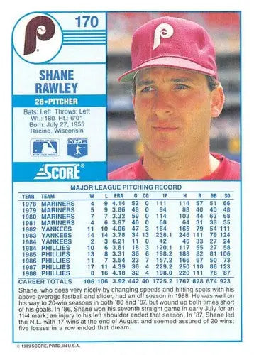 1989 Score #170 Shane Rawley NM-MT Phillies ID:80337 - Baseball Card Single