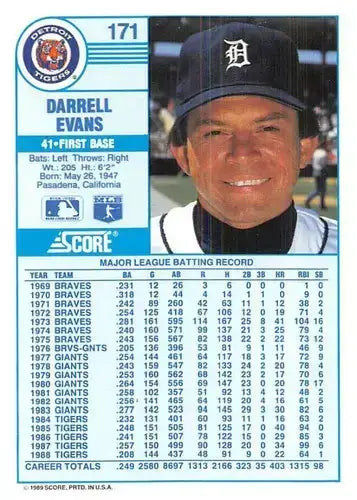1989 Score #171 Darrell Evans NM-MT Tigers ID:80527 - Baseball Card Single
