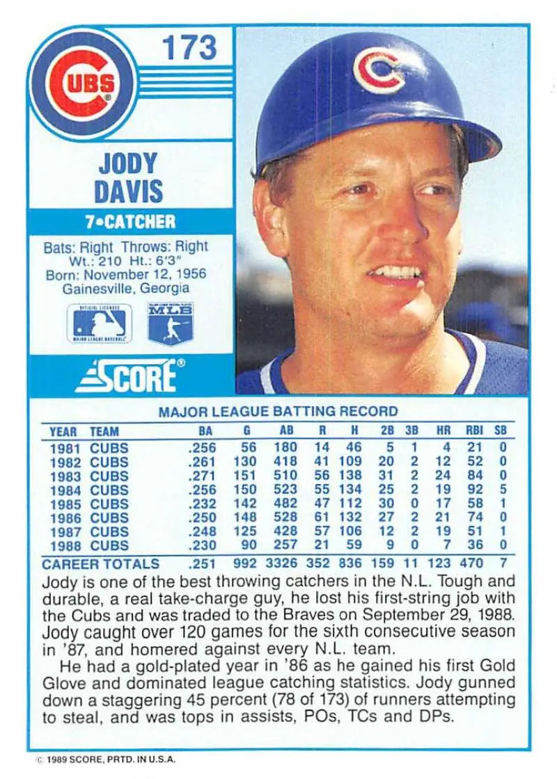 1989 Score #173 Jody Davis NM-MT Chicago Cubs Baseball Card - Baseball Card Single