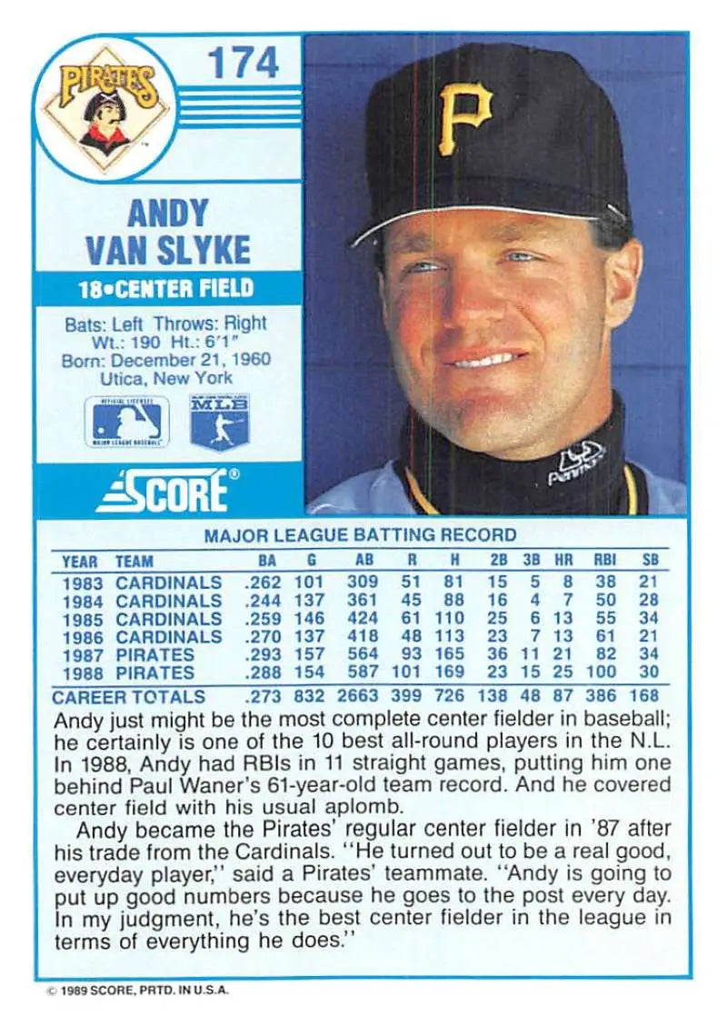 1989 Score #174 Andy Van Slyke NM-MT Pittsburgh Pirates Baseball Card - Baseball Card Single