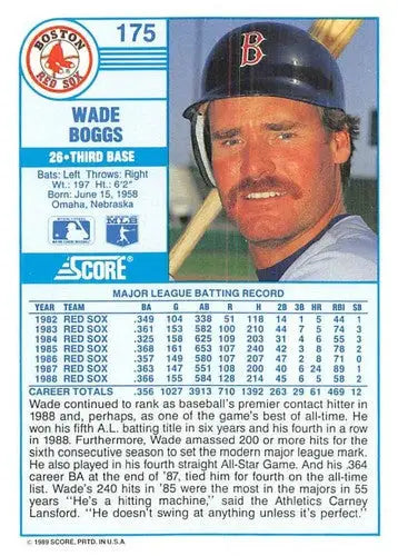 1989 Score #175 Wade Boggs NM-MT Red Sox ID:80339 - Baseball Card Single