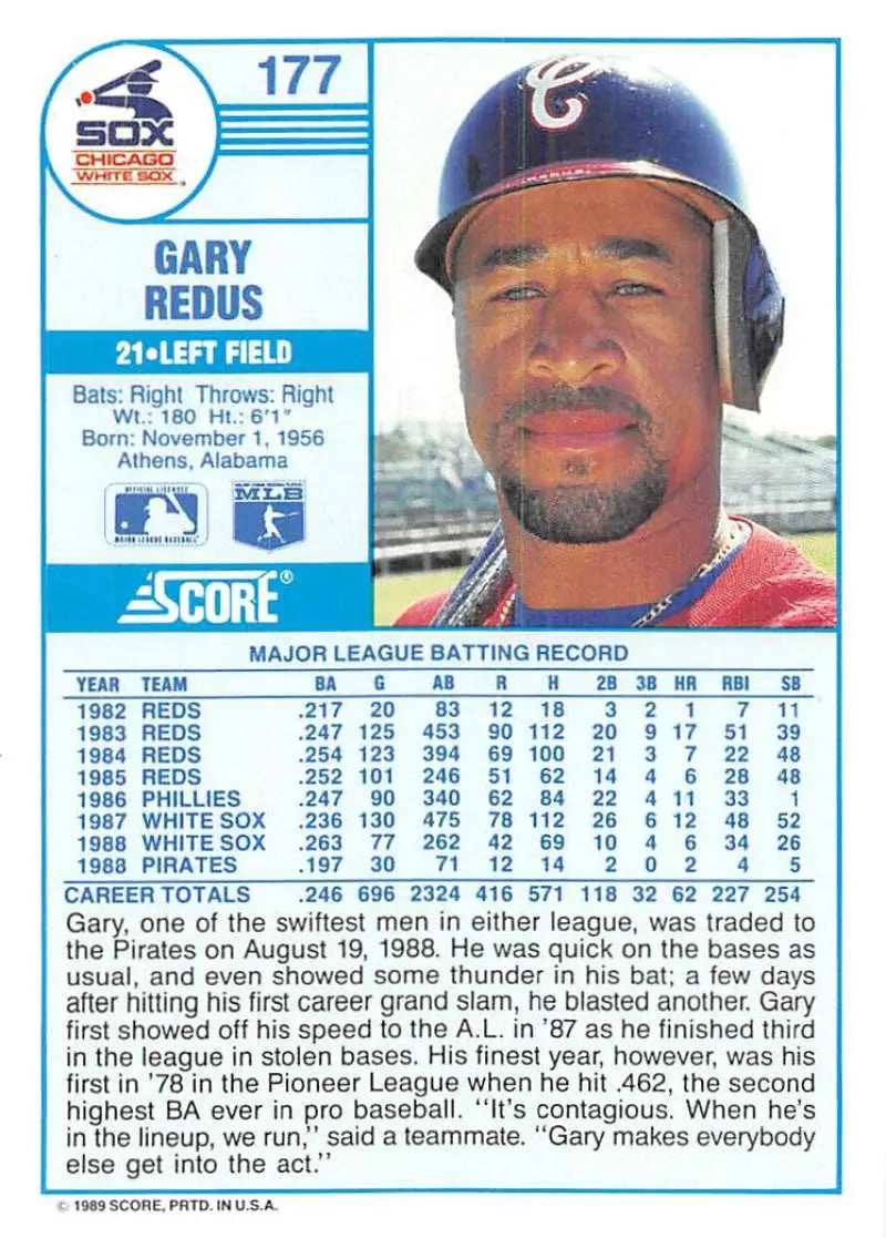 1989 Score #177 Gary Redus NM-MT Chicago White Sox Baseball Card - Baseball Card Single