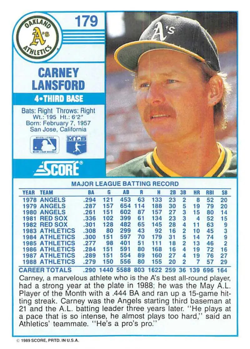 1989 Score #179 Carney Lansford NM-MT Oakland Athletics Baseball Card - Baseball Card Single