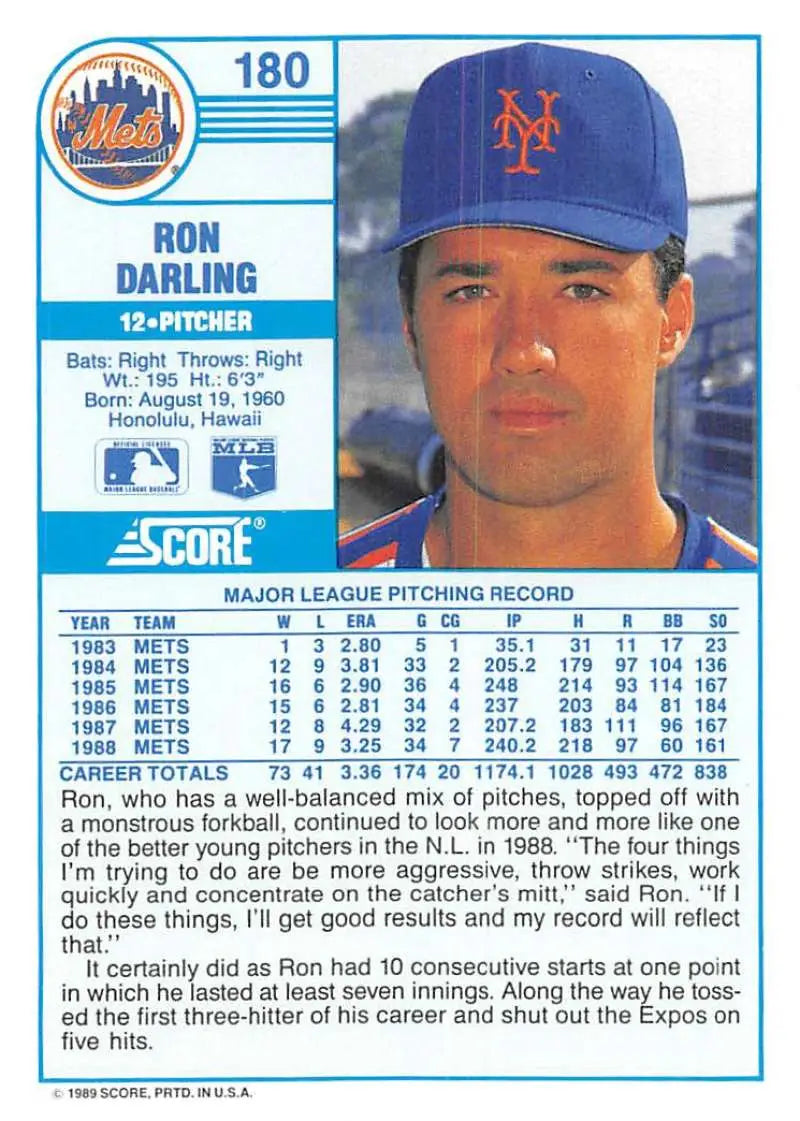1989 Score #180 Ron Darling NM-MT New York Mets Baseball Card - Baseball Card Single