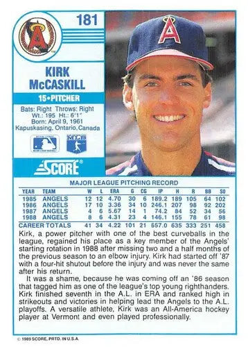 1989 Score #181 Kirk McCaskill NM-MT Angels ID:80343 - Baseball Card Single