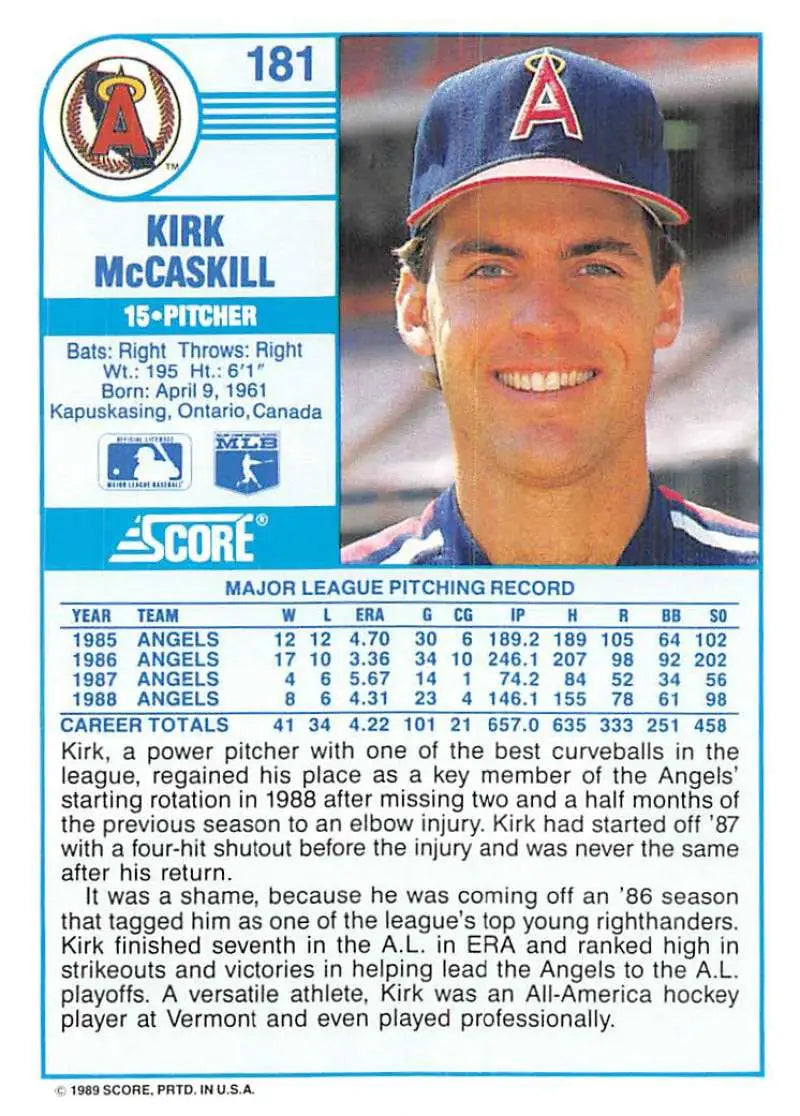 1989 Score #181 Kirk McCaskill NM-MT California Angels Baseball Card - Baseball Card Single