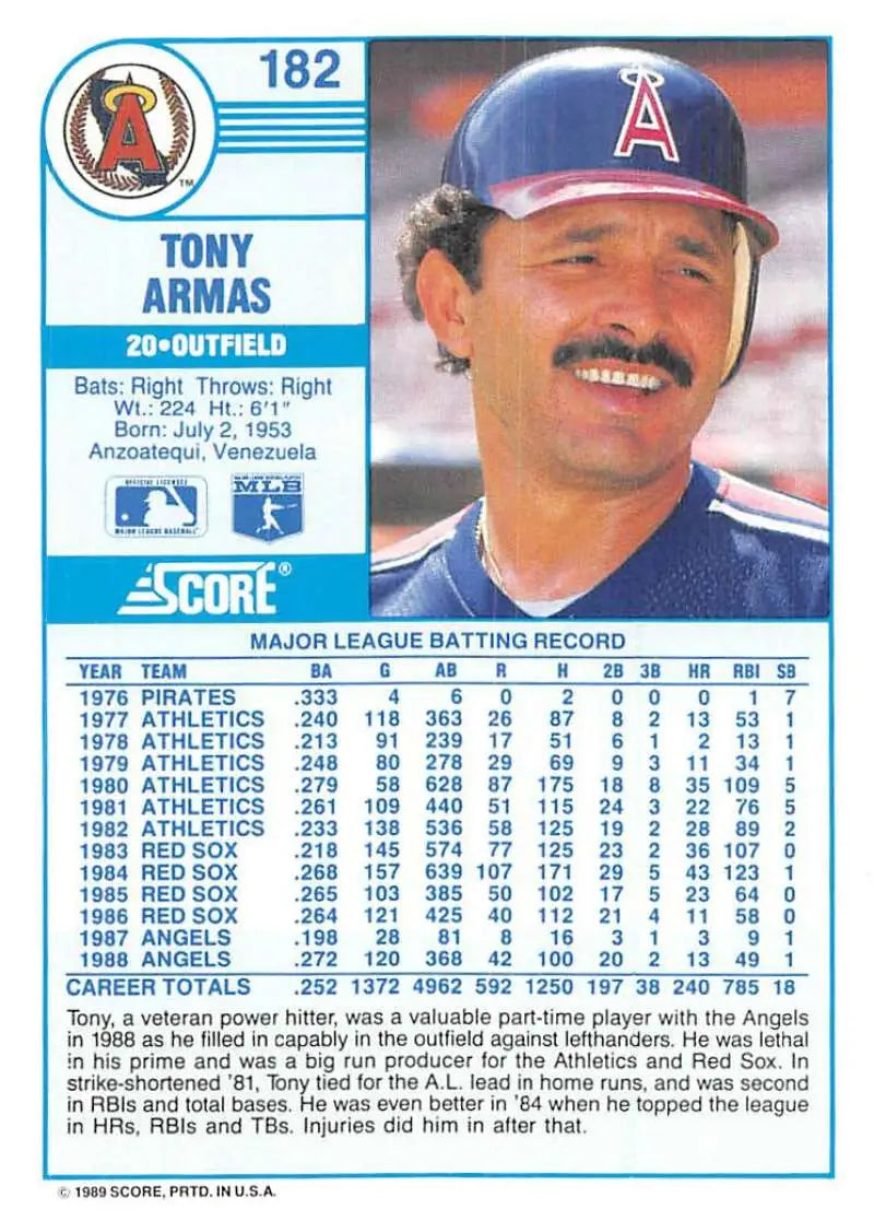1989 Score #182 Tony Armas NM-MT California Angels Baseball Card - Baseball Card Single