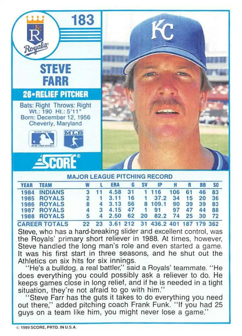 1989 Score #183 Steve Farr NM-MT Kansas City Royals Baseball Card - Baseball Card Single